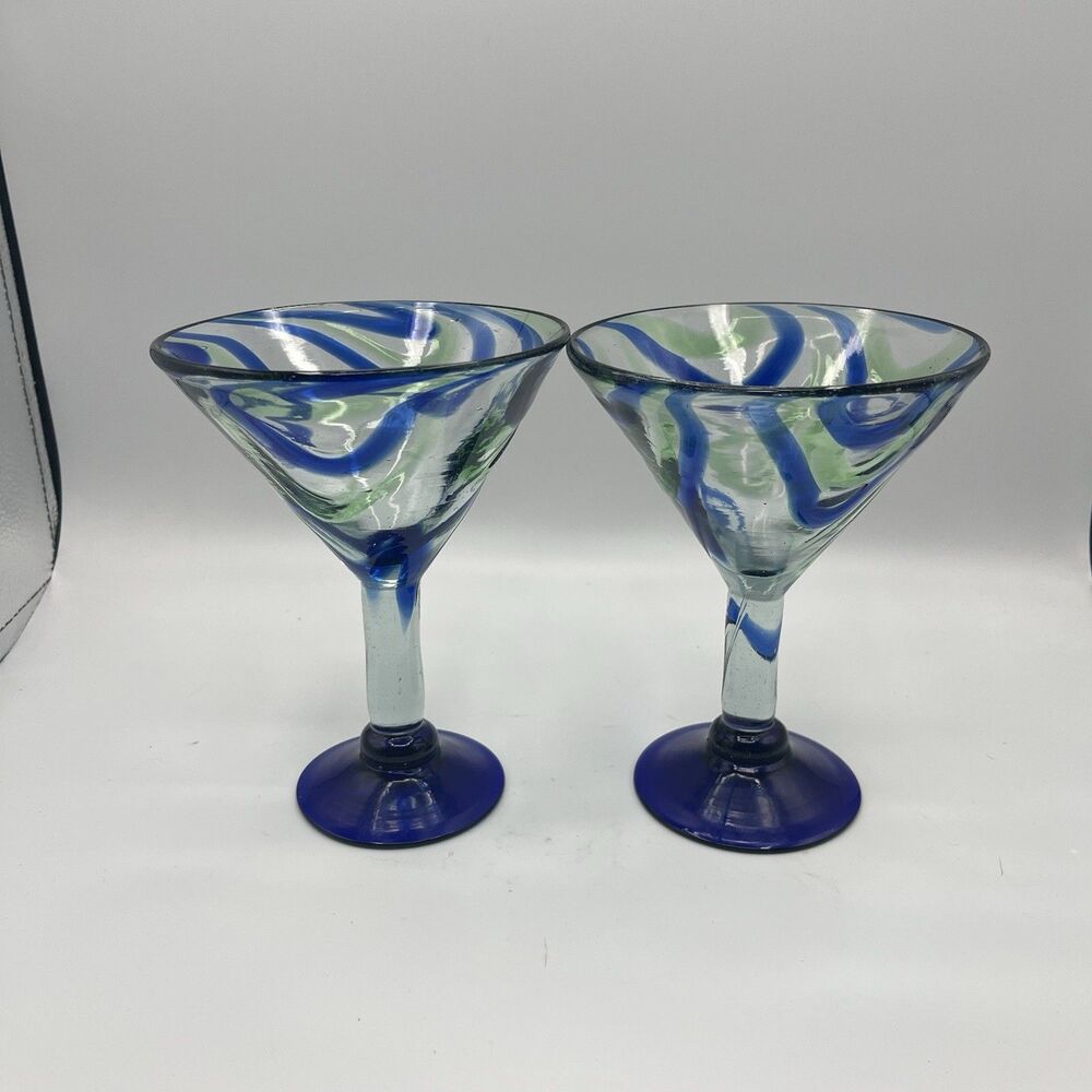 Hand Blown Mexican Glass Set Of 2 Blue & Green Swirl Martini/Cocktail Glasses 6”